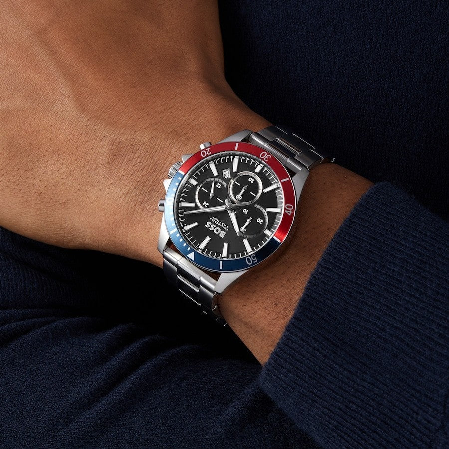 HUGO BOSS MENS TROPER CHRONO WATCH HB1514108 BLACK DIAL - RED/BLUE  BEZEL 