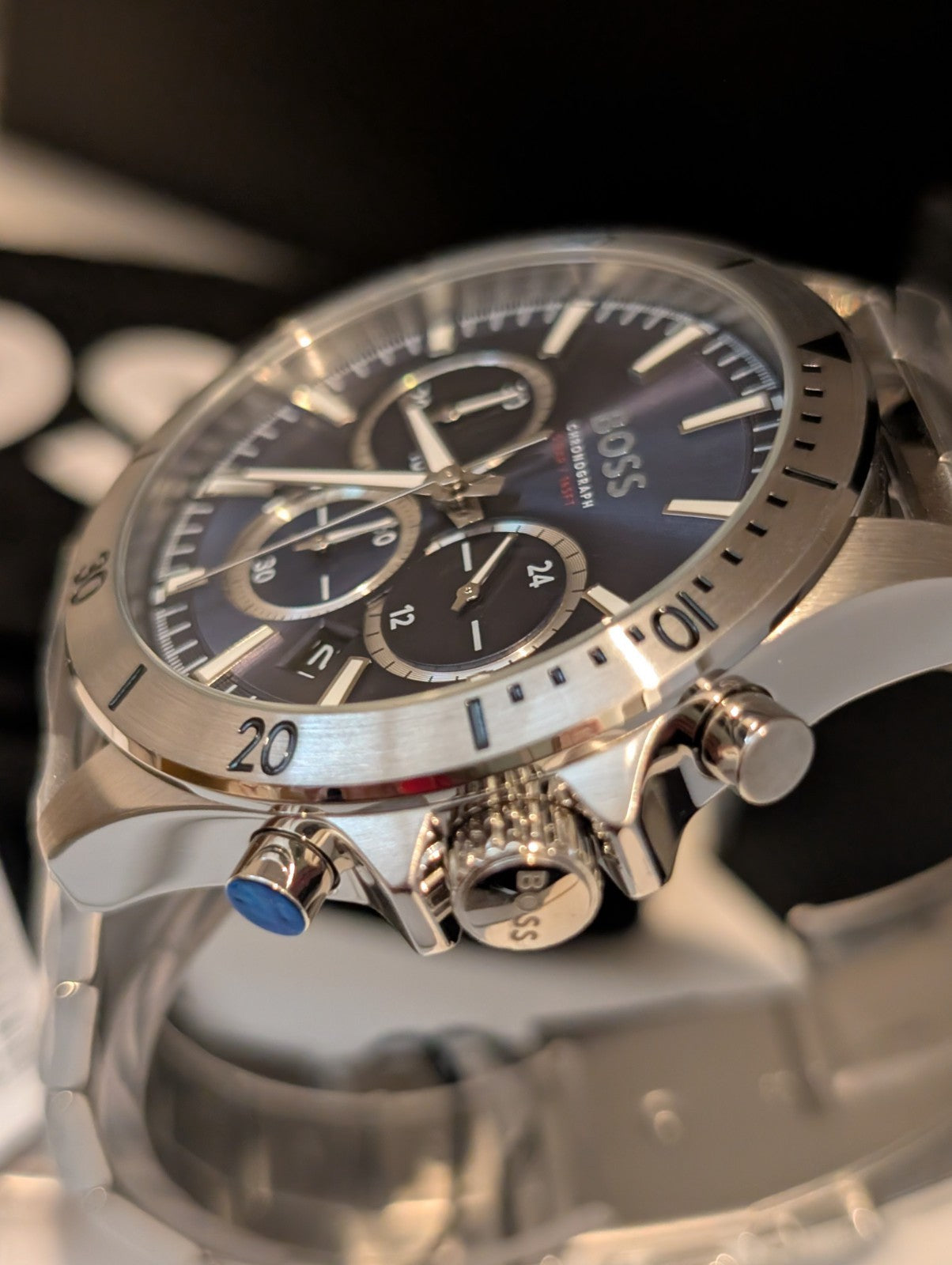 HUGO BOSS Troper 1514069 Blue Dial Silver Steel Strap Chrono Mens Watch 45mm NEW