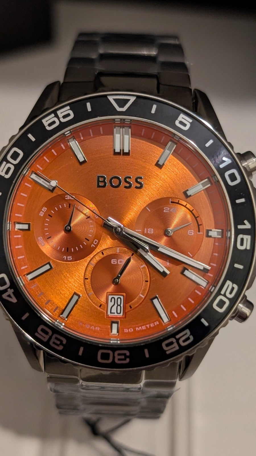 HUGO BOSS 1514162 MEN'S RUNNER SILVER WATCH - ORANGE FACE  STAINLESS STEEL. NEW