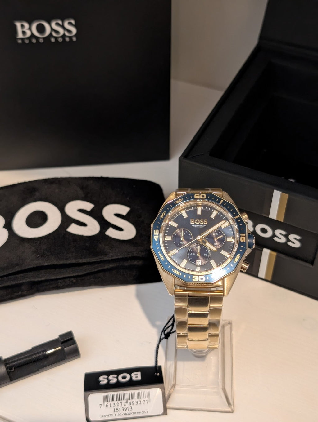HUGO BOSS 1513973 Energy Chrono Gold Stainless Steel Blue Dial Mens Watch 44mm
