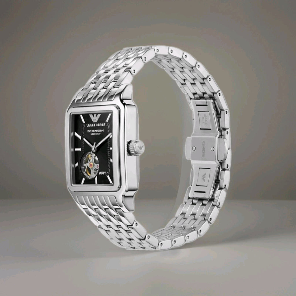 Emporio Armani AR60057 Meccanico Mens Watch 36mm Silver Automatic Black Dial New