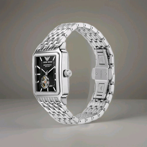 Emporio Armani AR60057 Meccanico Mens Watch 36mm Silver Automatic Black Dial New