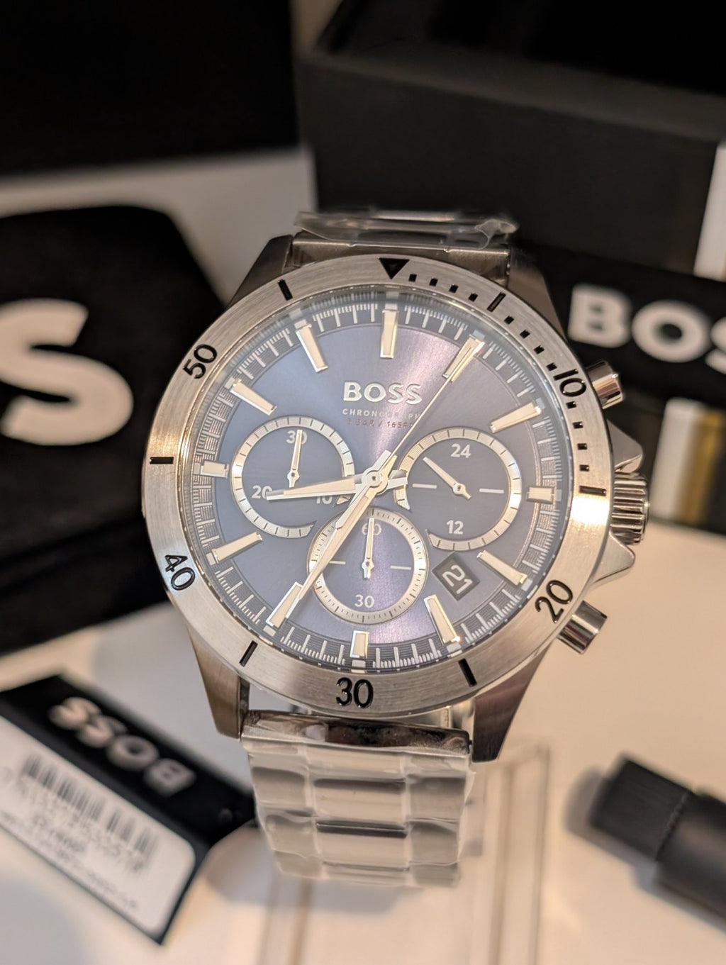 HUGO BOSS Troper 1514069 Blue Dial Silver Steel Strap Chrono Mens Watch 45mm NEW