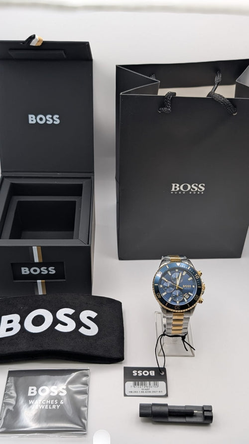 BOSS Admiral 1514257 46mm Two Tone Gold PVD With Silver Dial Chrono Men’s Watch 