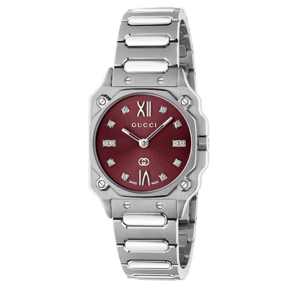 Gucci G-Flat 24mm Diamond Ladies Watch YA166508 Burgundy, 24 mmSilver/Red