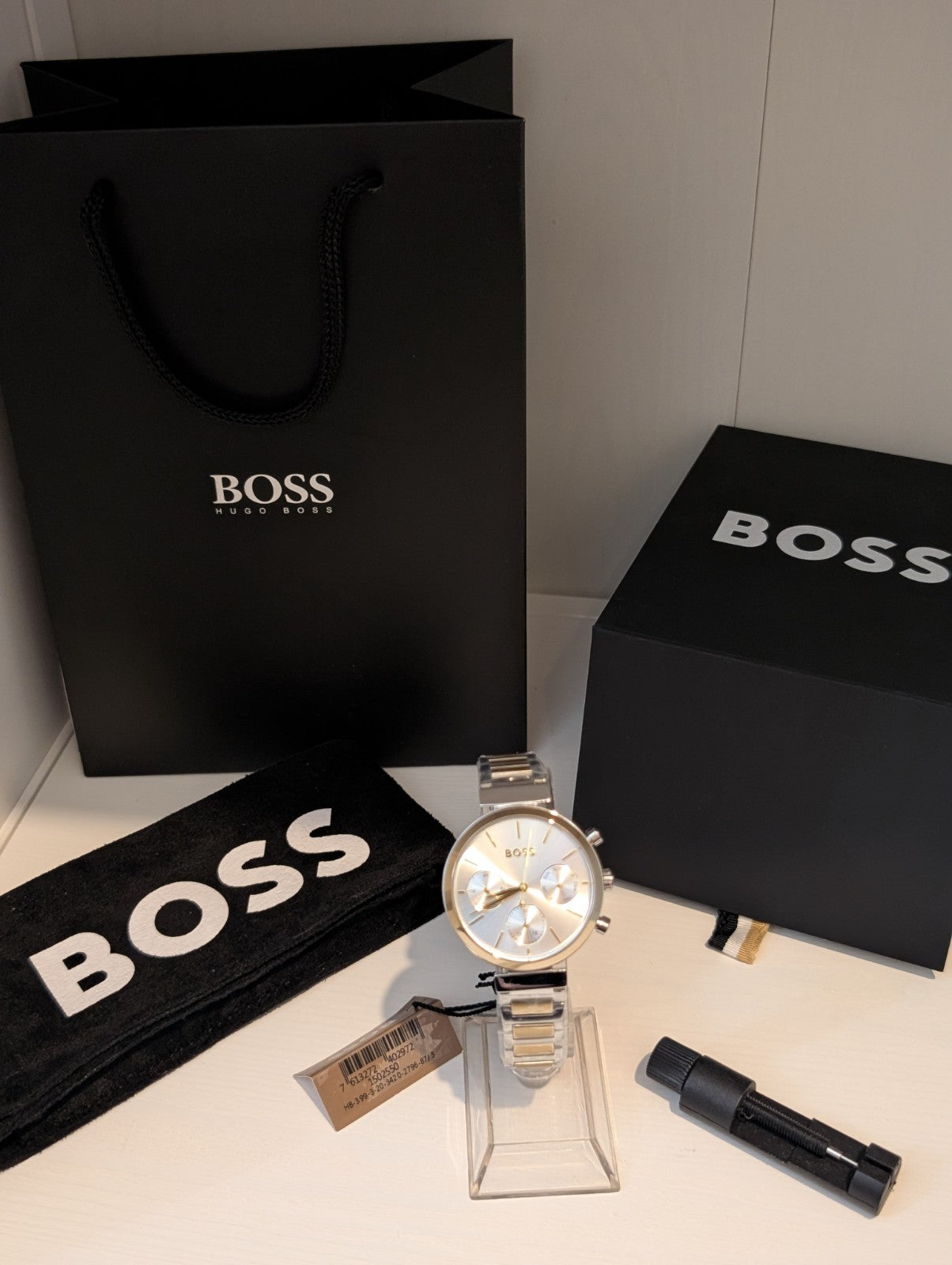 HUGO BOSS FLAWLESS 1502550 Silver & Gold Strap Chronograph Womens Watch 36mm NEW