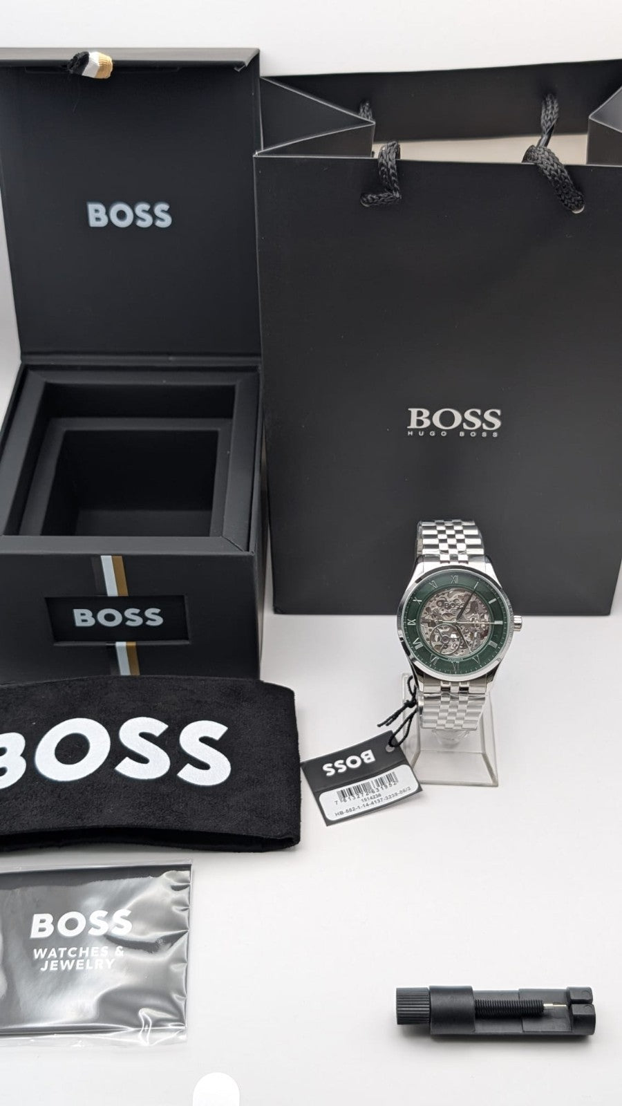 Hugo BOSS Principle 1514236 Skeleton Mens Watch Automatic 41mm Silver Green Dial