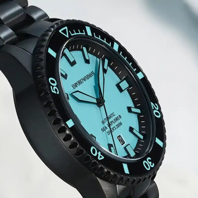 Emporio Armani Sea Explorer Automatic Blue Dial Black Strap Watch. Men's Ar60084