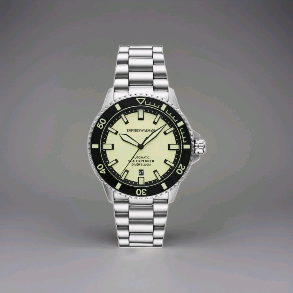 Emporio Armani AR60083 Mens Sea Explorer Automatic Watch Silver Wit Yellow Dial 