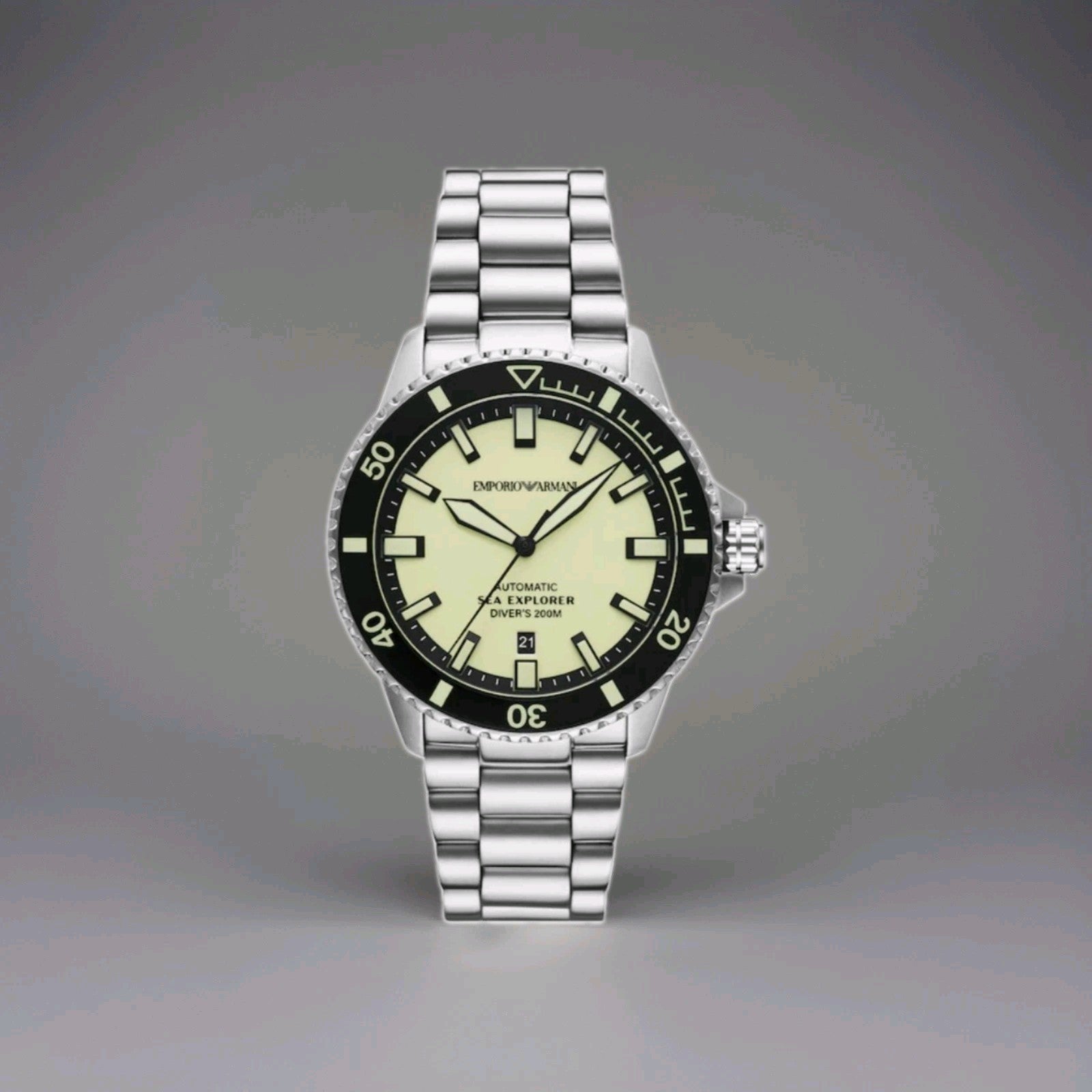 Emporio Armani AR60083 Mens Sea Explorer Automatic Watch Silver Wit Yellow Dial 