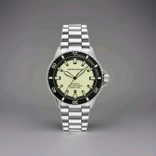 Emporio Armani AR60083 Mens Sea Explorer Automatic Watch Silver Wit Yellow Dial 