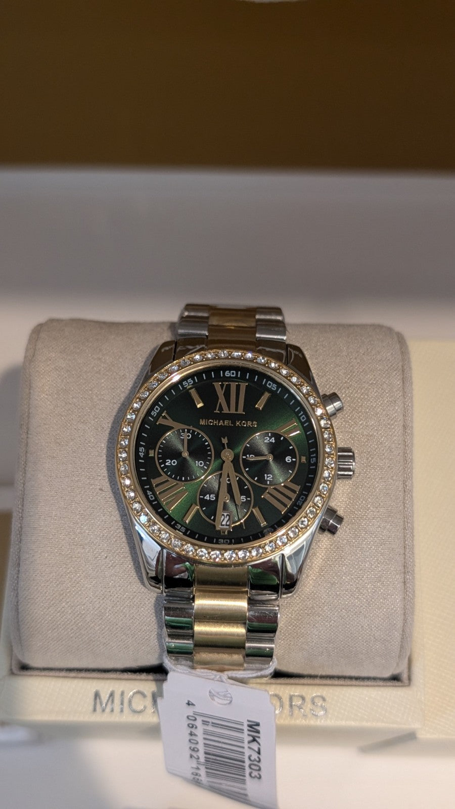 Michael Kors MK7303 Women’s Chronograph Two Tone Crystal Bezel Watch Green Face 
