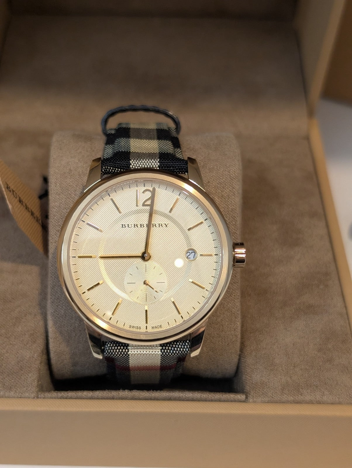 New BURBERRY BU10001 Classic Horseferry Check Luxury Gold Dial Mens Watch 40mm