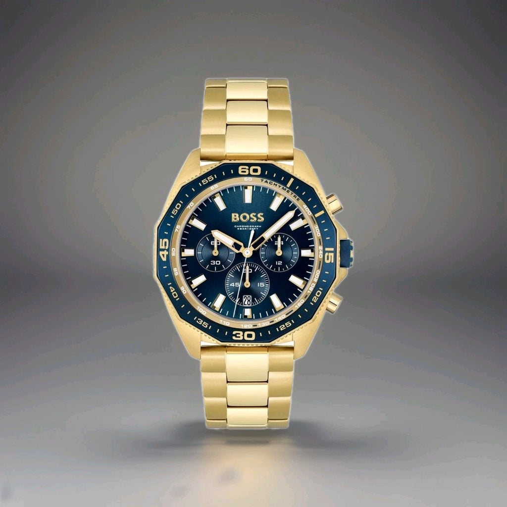 HUGO BOSS 1513973 Energy Chrono Gold Stainless Steel Blue Dial Mens Watch 44mm