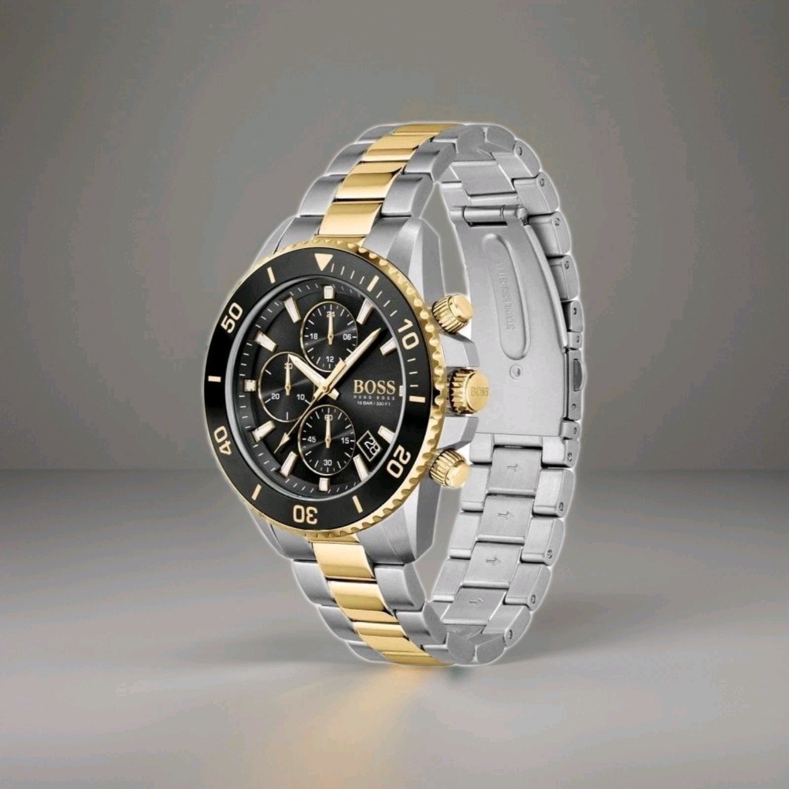 Hugo Boss HB1513908 Admiral Mens' Black & Gold Stainless Chrono Watch + Gift Bag