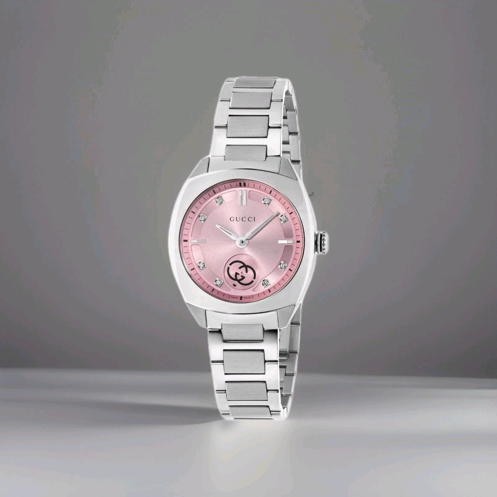 Womens Gucci Interlocking Watch YA142511 29 mm steel Diamonds Ladies Pink Dial