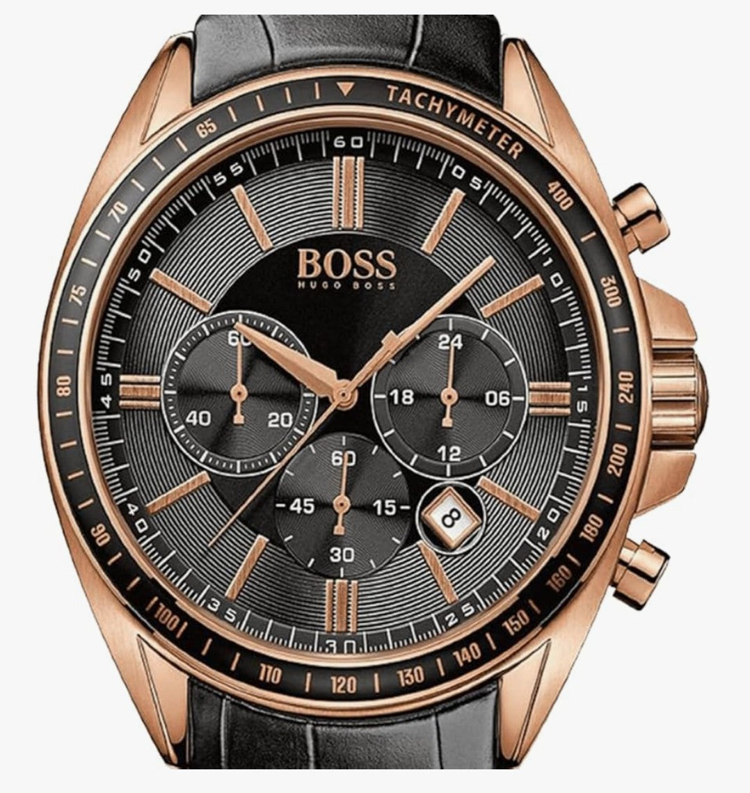 Hugo Boss HB1513092 Driver Mens Black Leather & Rose Gold Chrono Watch