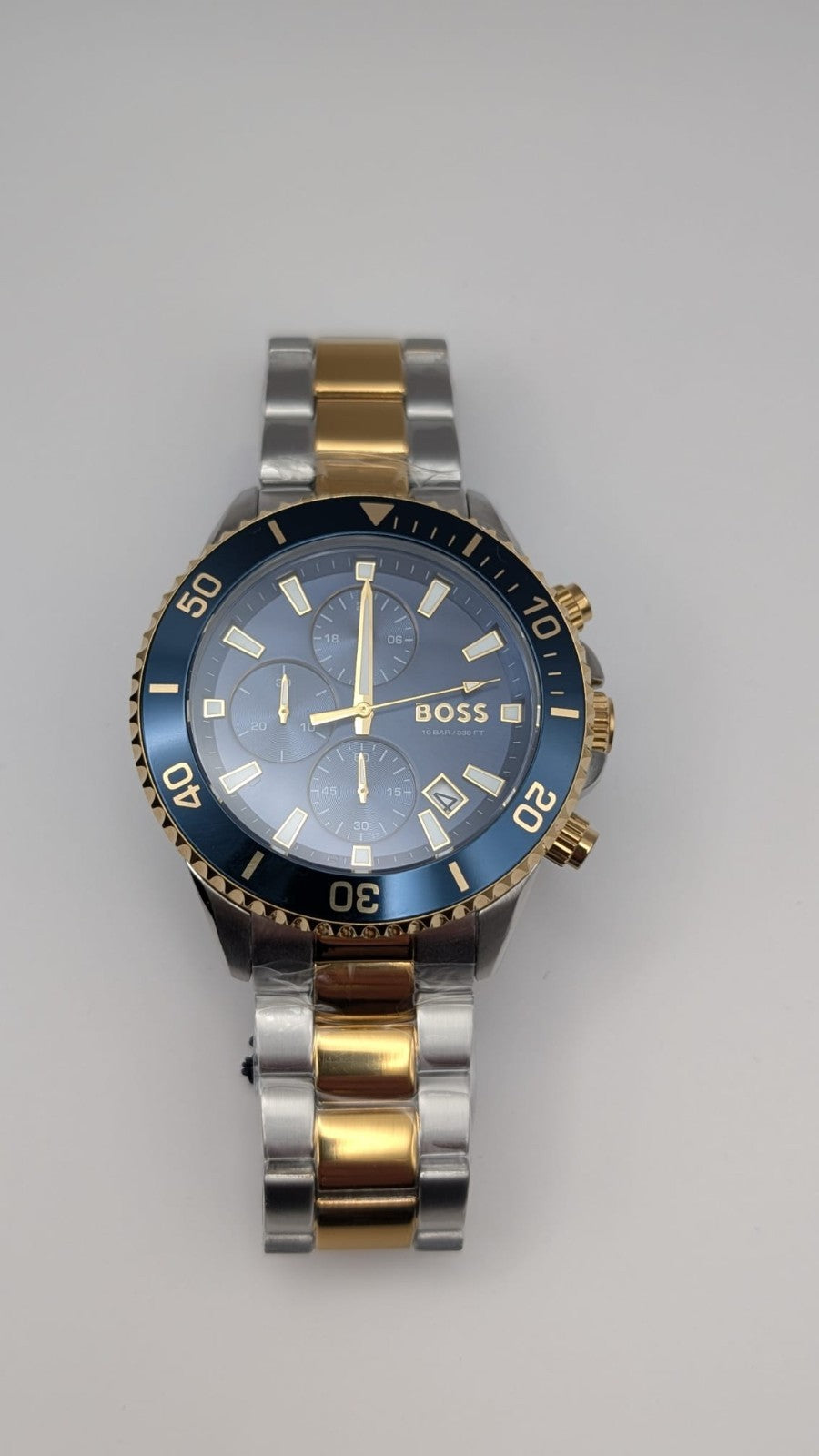 BOSS Admiral 1514257 46mm Two Tone Gold PVD With Silver Dial Chrono Men’s Watch 