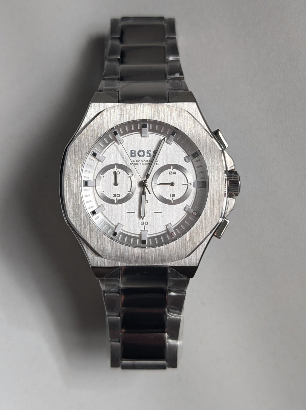 HUGO BOSS MENS TAPER CHRONO WATCH 1514087 SILVER DIAL 45mm BRAND NEW WITH BOX 