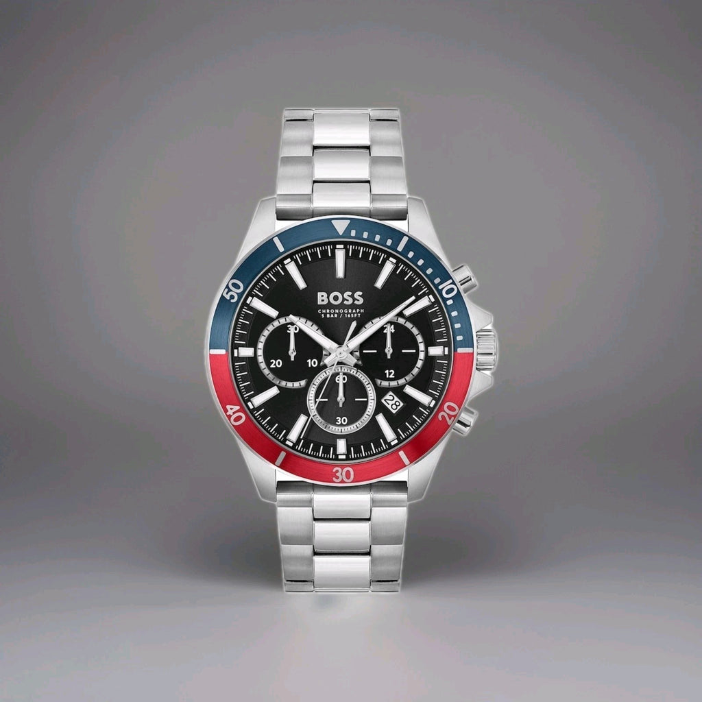 HUGO BOSS MENS TROPER CHRONO WATCH HB1514108 BLACK DIAL - RED/BLUE  BEZEL 