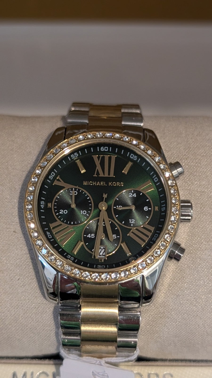 Michael Kors MK7303 Women’s Chronograph Two Tone Crystal Bezel Watch Green Face 