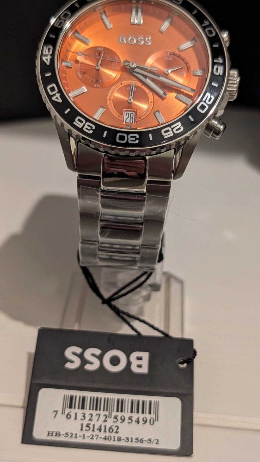 HUGO BOSS 1514162 MEN'S RUNNER SILVER WATCH - ORANGE FACE  STAINLESS STEEL. NEW