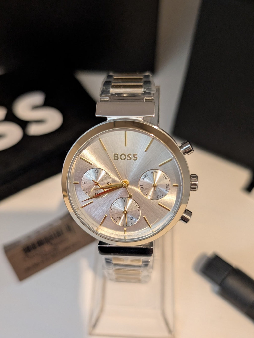 HUGO BOSS FLAWLESS 1502550 Silver & Gold Strap Chronograph Womens Watch 36mm NEW