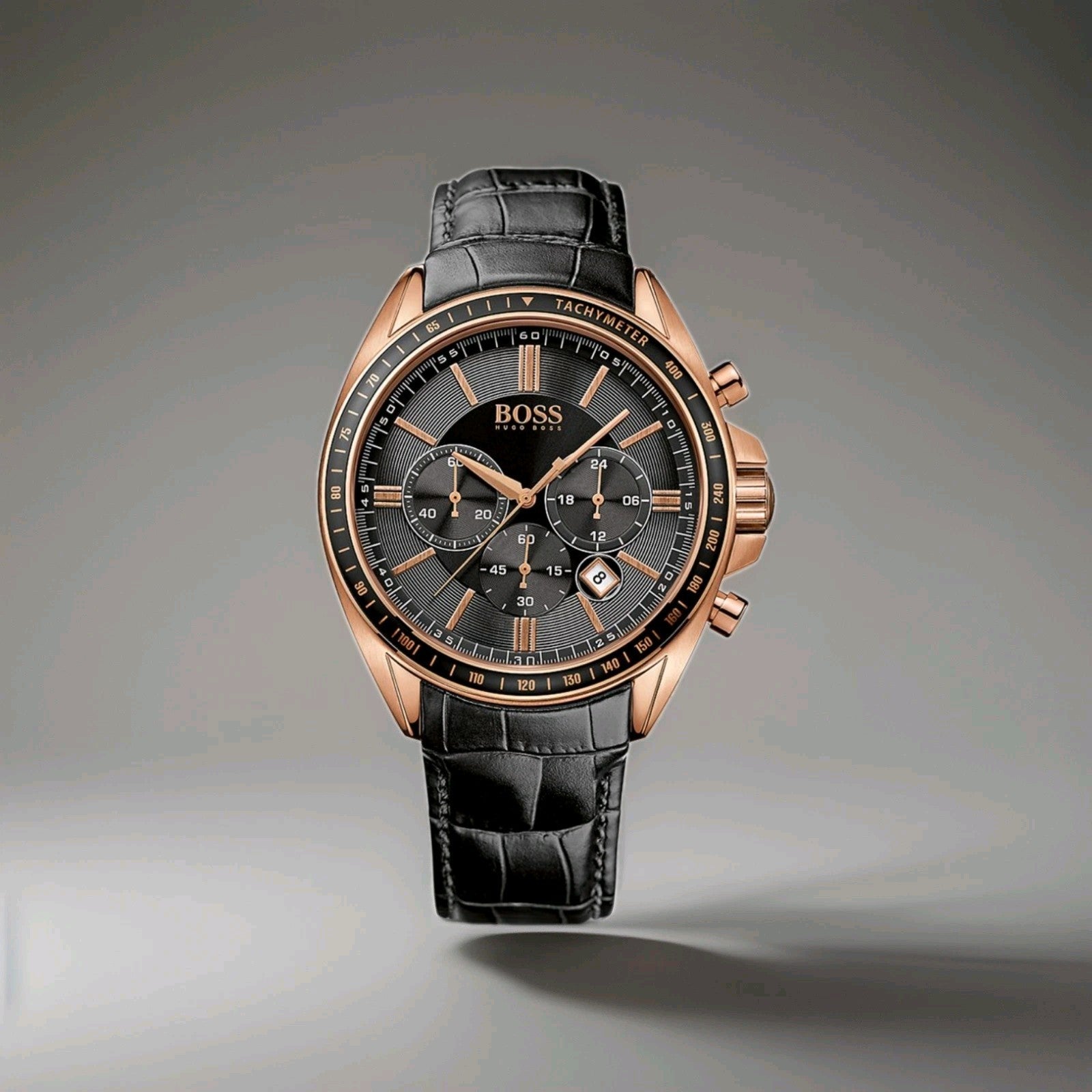 Hugo Boss HB1513092 Driver Mens Black Leather & Rose Gold Chrono Watch