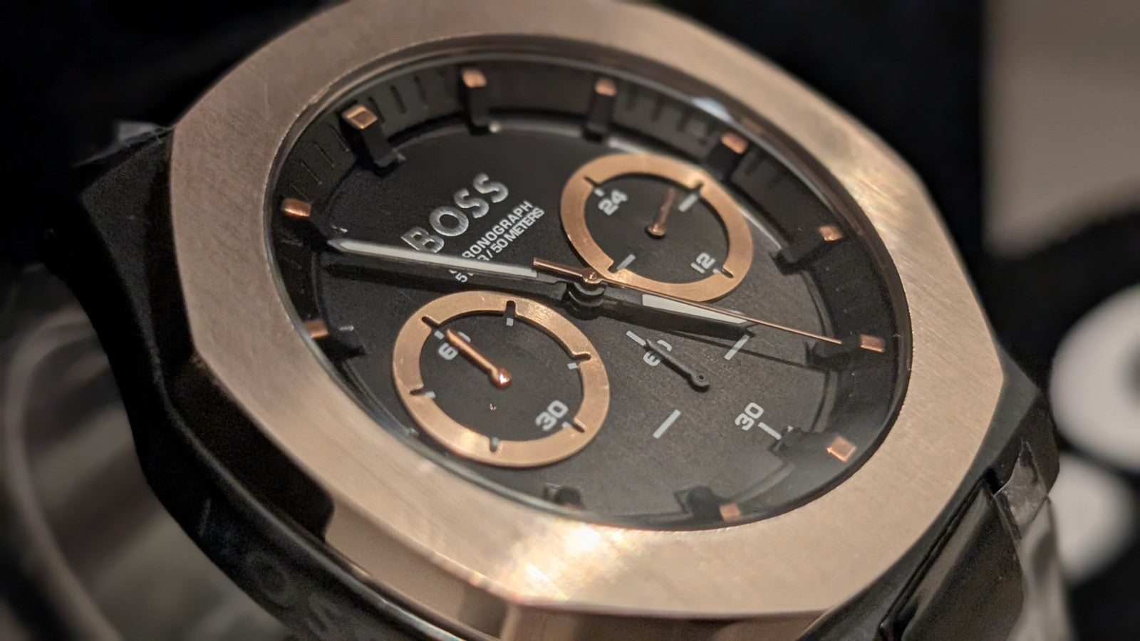 Hugo Boss Taper Men’s 45mm Black/Brass Bezel Two-Tone 1514090 Brand New 