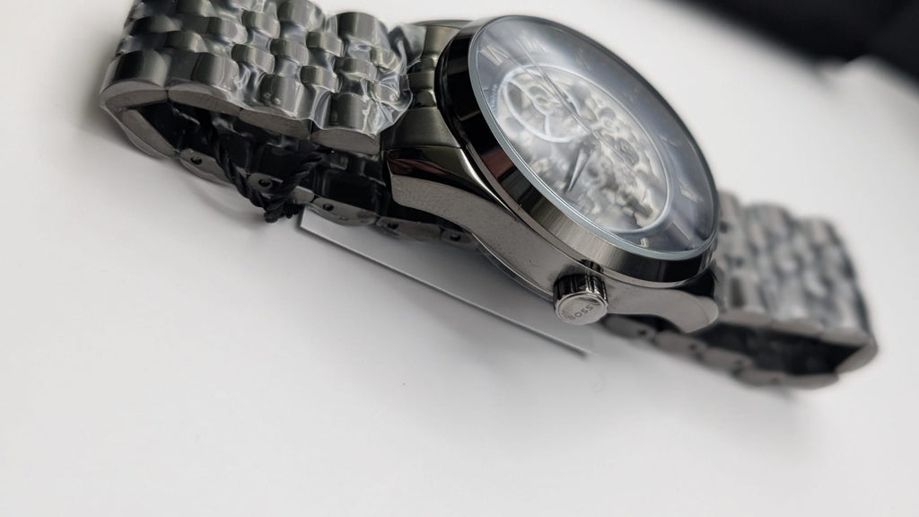 Hugo Boss Principle 1514254 Automatic Skeleton Mens Watch Gunmetal With Blue Dia
