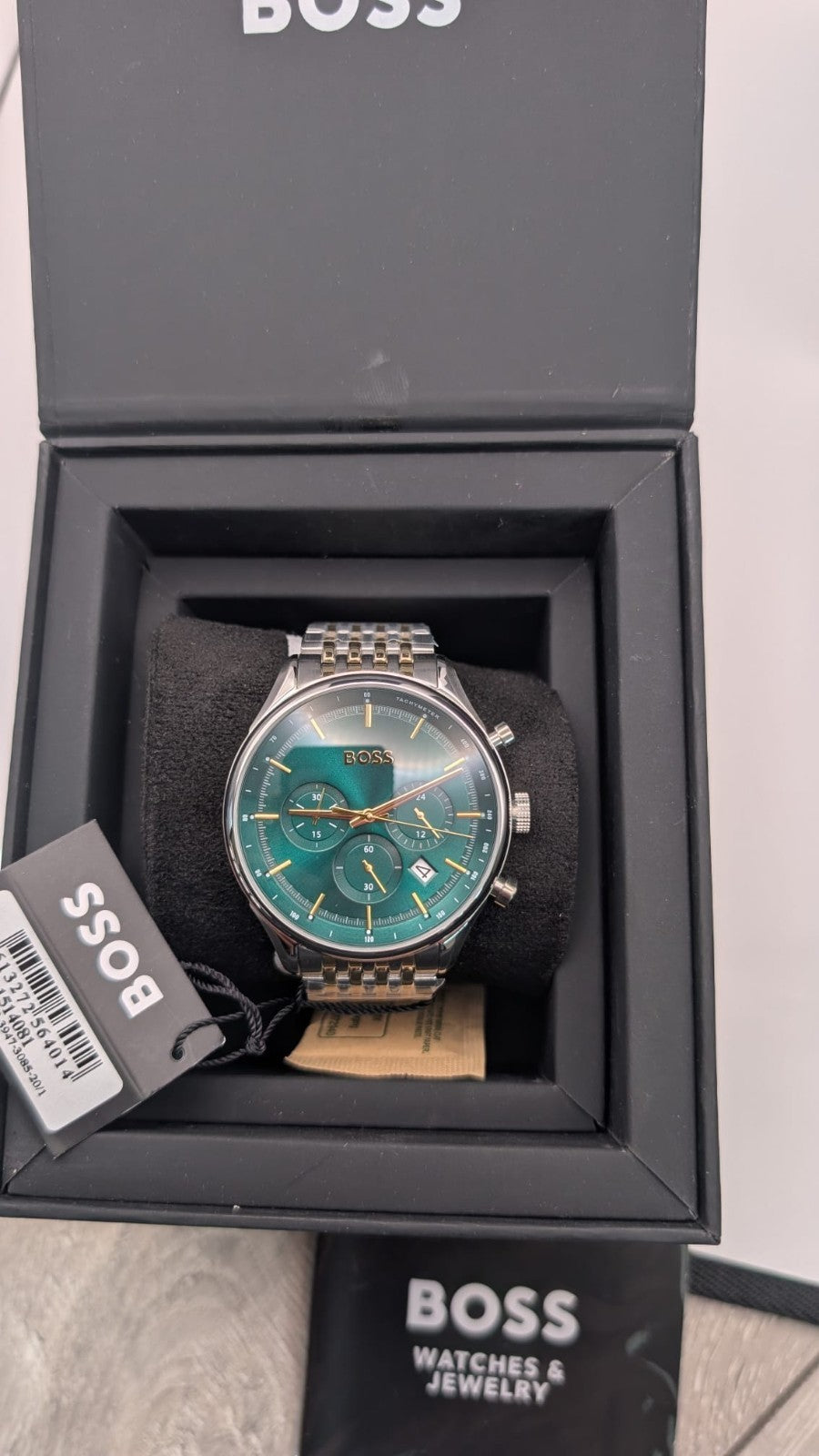 Hugo Boss Gregor 1514081 Men's Watch Green Dial Two-Tone Gold Steel Bracelet 45m