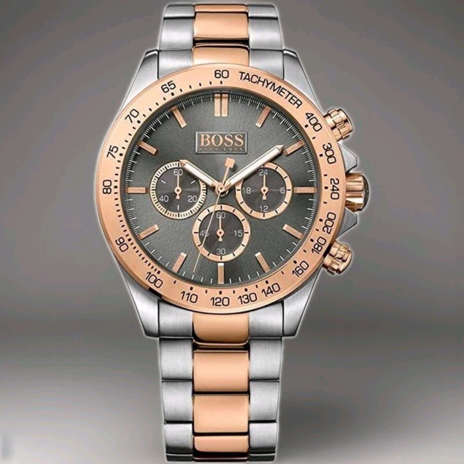 NEW BOSS MENS WATCH 1513339 STAINLESS CHRONO STEEL TWO TONE BRACELET WARRANTY