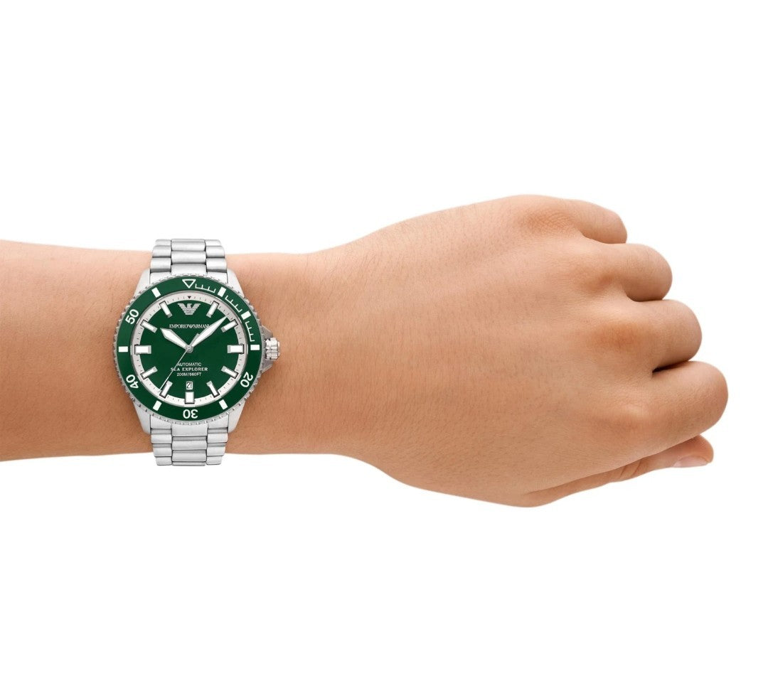 NEW ARMANI Emporio AR60080 Automatic Men Watch in Box Silver And Green Divers 