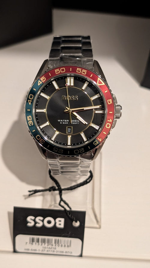 BOSS Men's watch RUNNER 3H Collection black dial green red bezel 1514210