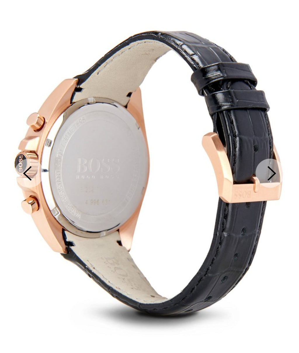 Hugo Boss HB1513092 Driver Mens Black Leather & Rose Gold Chrono Watch