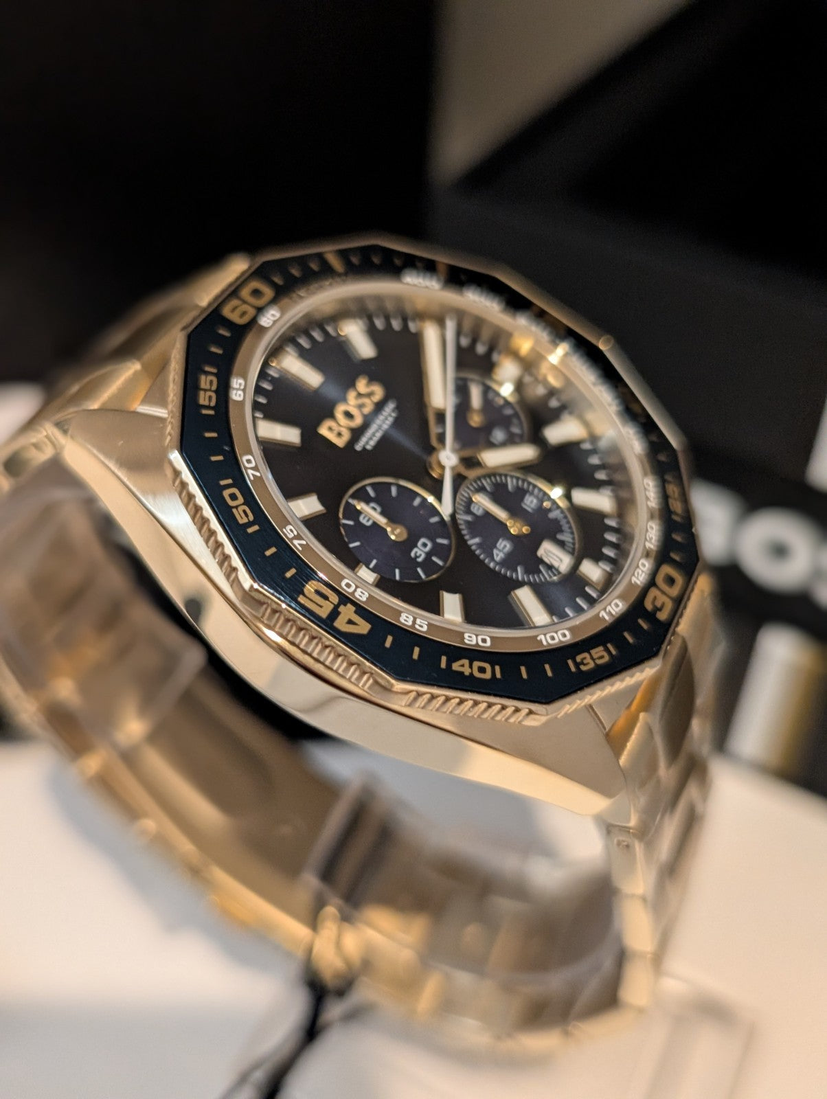 HUGO BOSS 1513973 Energy Chrono Gold Stainless Steel Blue Dial Mens Watch 44mm
