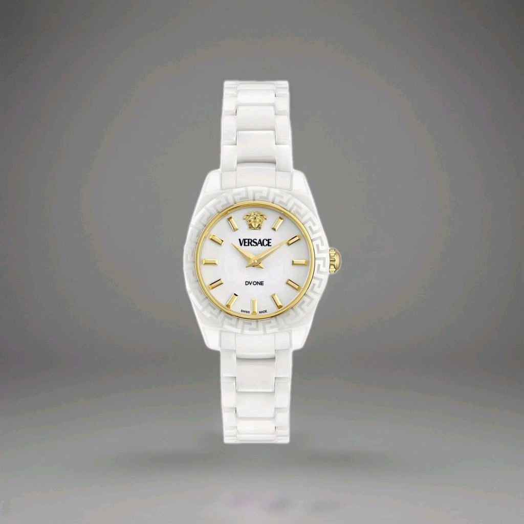 Brand New Versace Womens DV One Mini White And Gold Ceramic 28mm Bracelet Watch