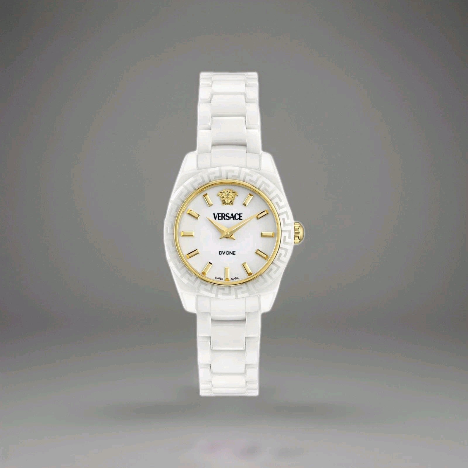 Brand New Versace Womens DV One Mini White And Gold Ceramic 28mm Bracelet Watch