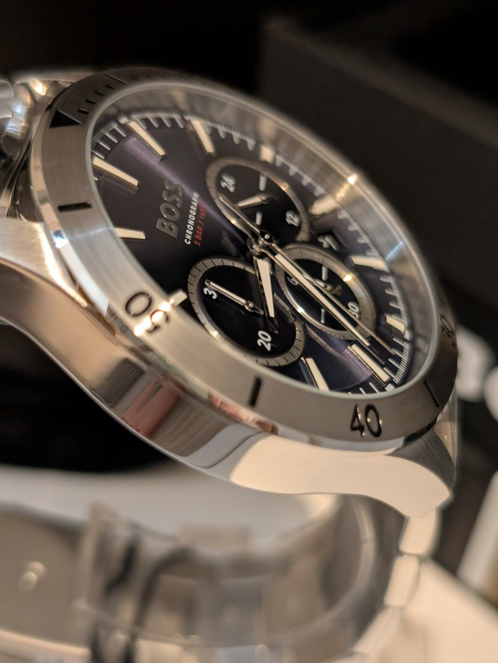 HUGO BOSS Troper 1514069 Blue Dial Silver Steel Strap Chrono Mens Watch 45mm NEW