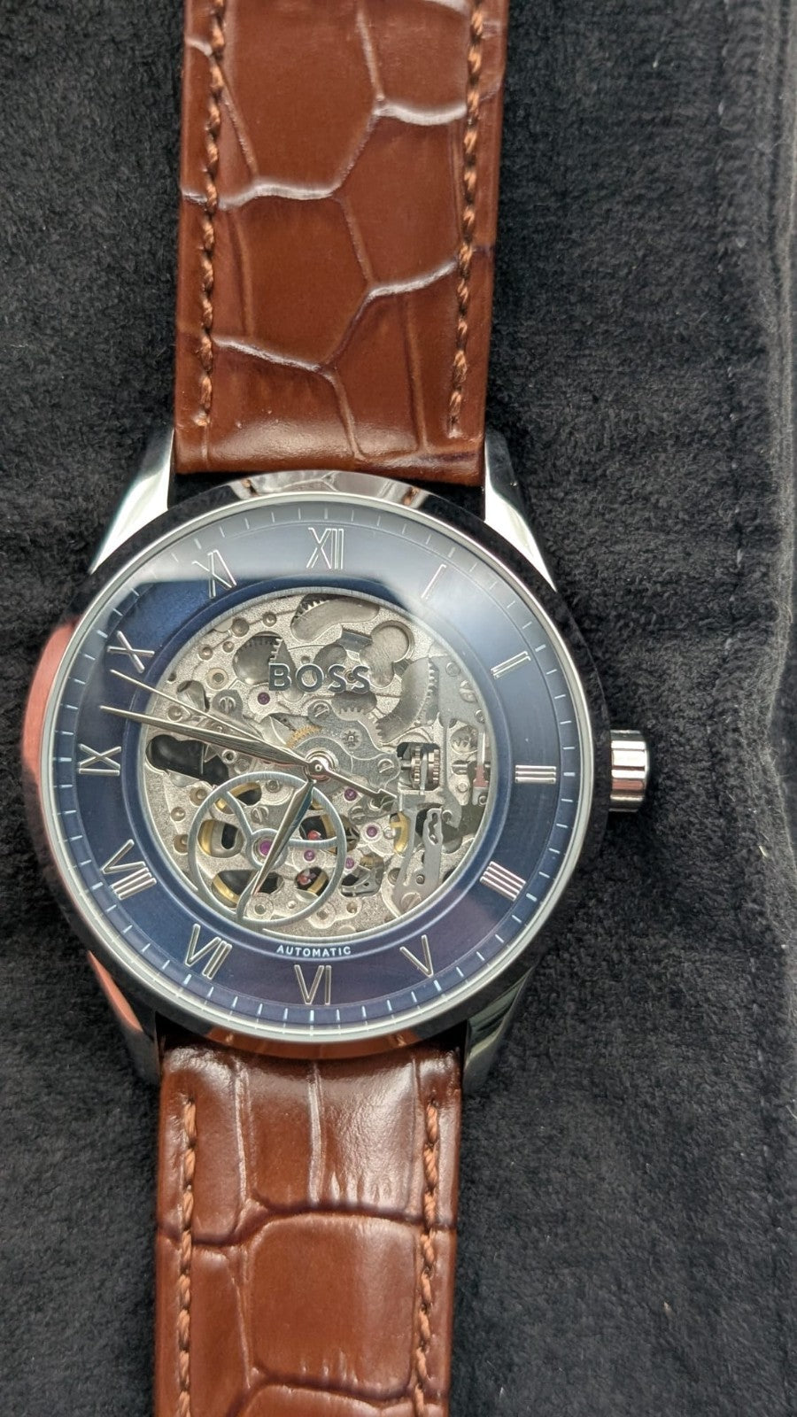 Hugo BOSS 1514305 Principle Mens Watch Automatic Skeleton Brown Leather Strap 