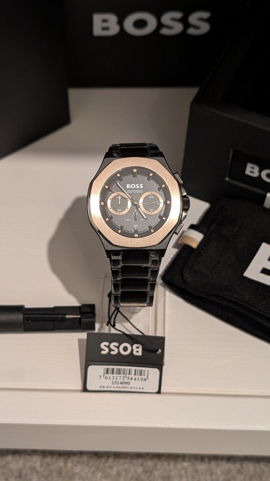 Hugo Boss Taper Men’s 45mm Black/Brass Bezel Two-Tone 1514090 Brand New 