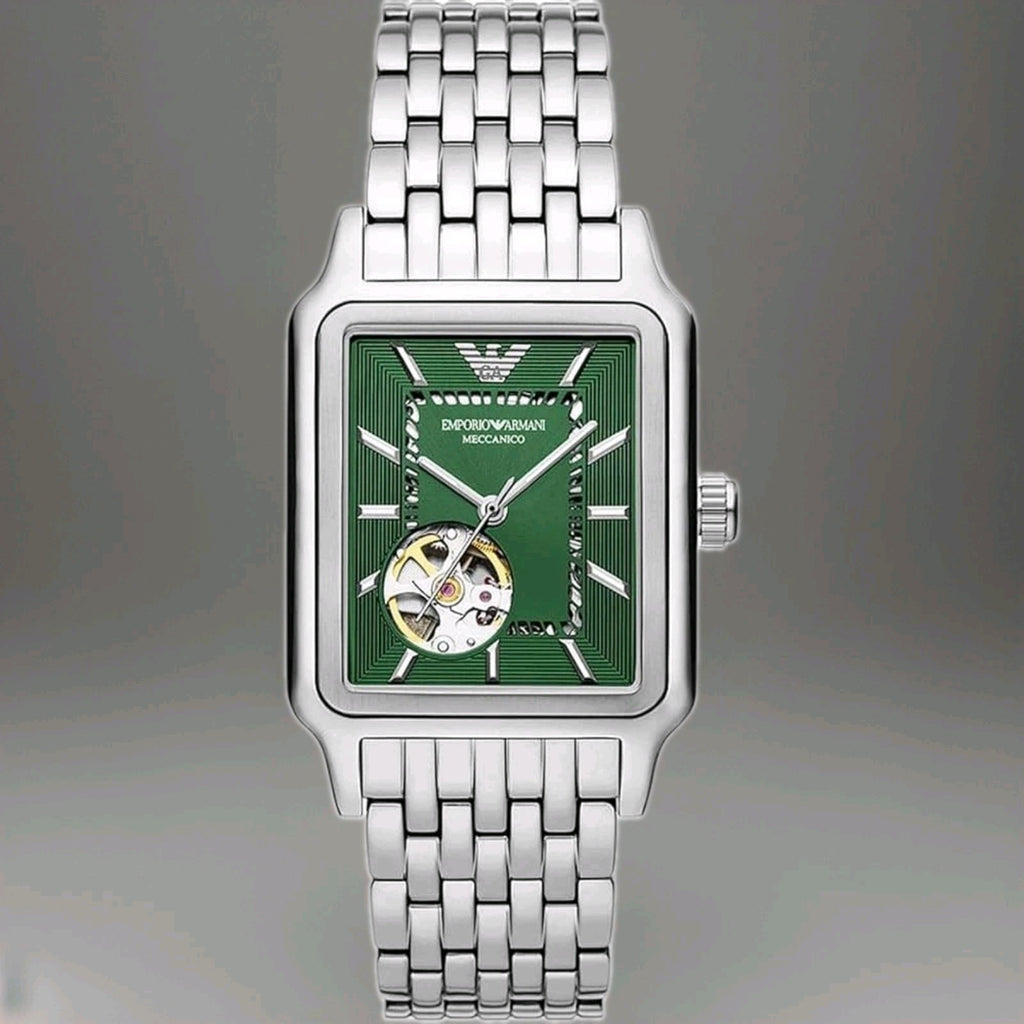 Emporio Armani AR60067 Meccanico Mens Watch 36mm Silver Automatic Green Dial 