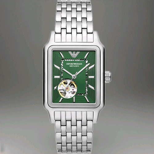 Emporio Armani AR60067 Meccanico Mens Watch 36mm Silver Automatic Green Dial 
