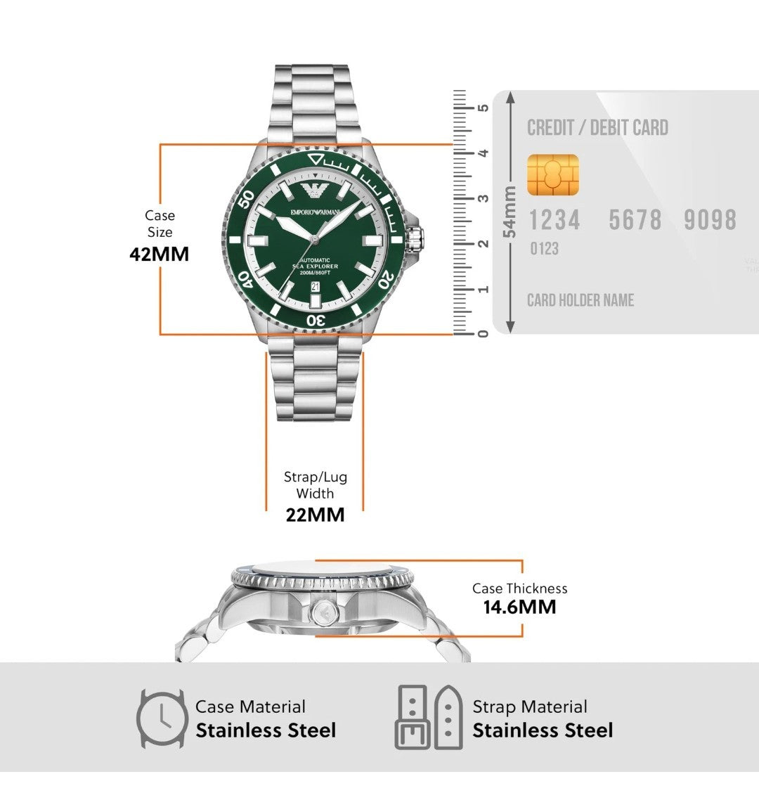 NEW ARMANI Emporio AR60080 Automatic Men Watch in Box Silver And Green Divers 