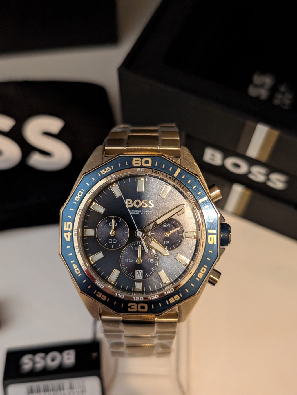 HUGO BOSS 1513973 Energy Chrono Gold Stainless Steel Blue Dial Mens Watch 44mm