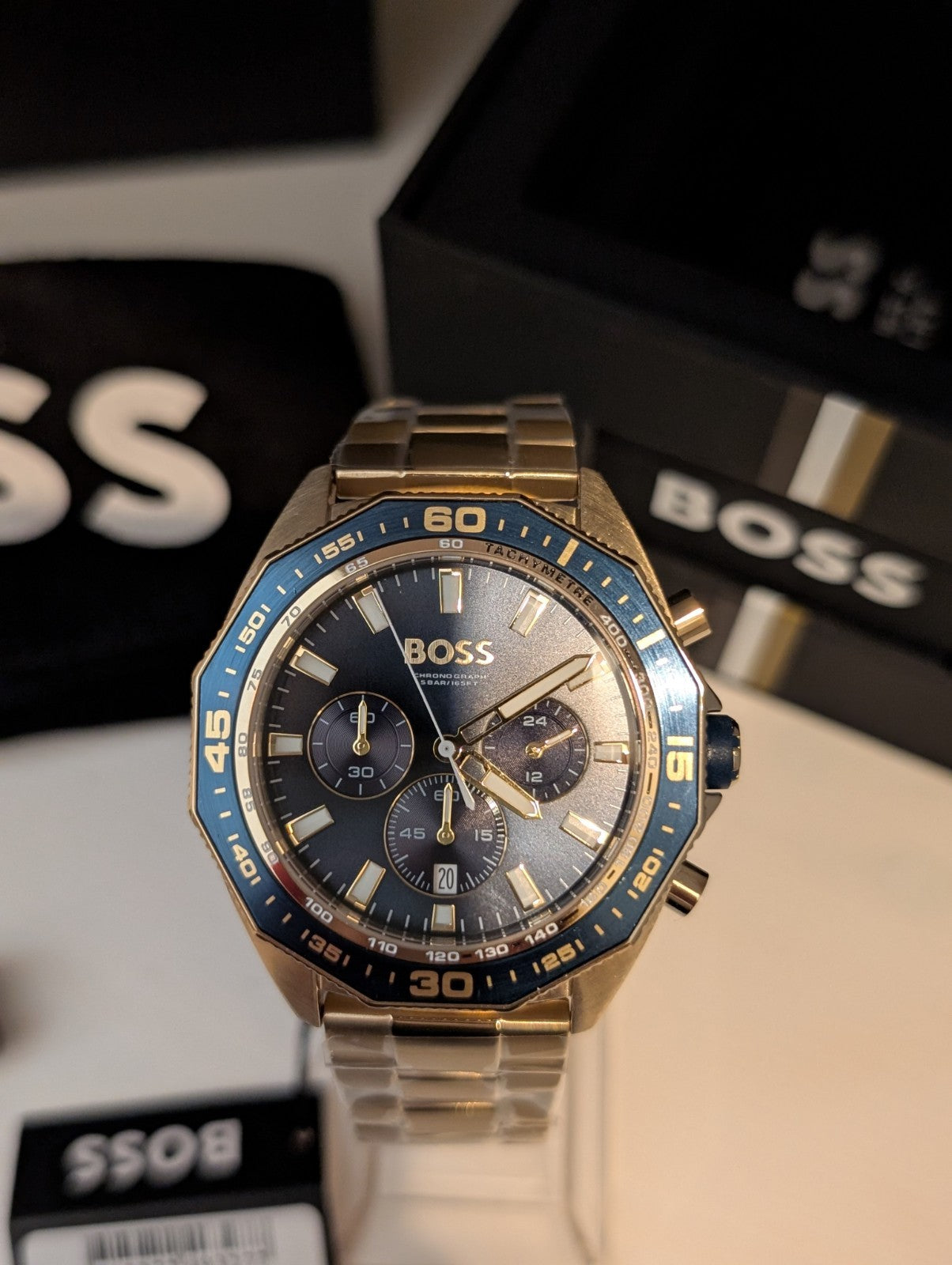 HUGO BOSS 1513973 Energy Chrono Gold Stainless Steel Blue Dial Mens Watch 44mm