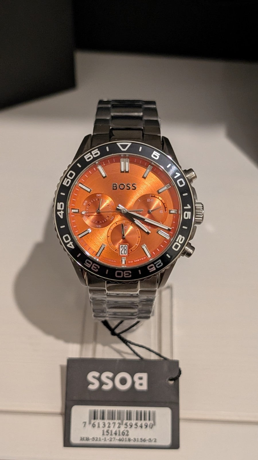 HUGO BOSS 1514162 MEN'S RUNNER SILVER WATCH - ORANGE FACE  STAINLESS STEEL. NEW