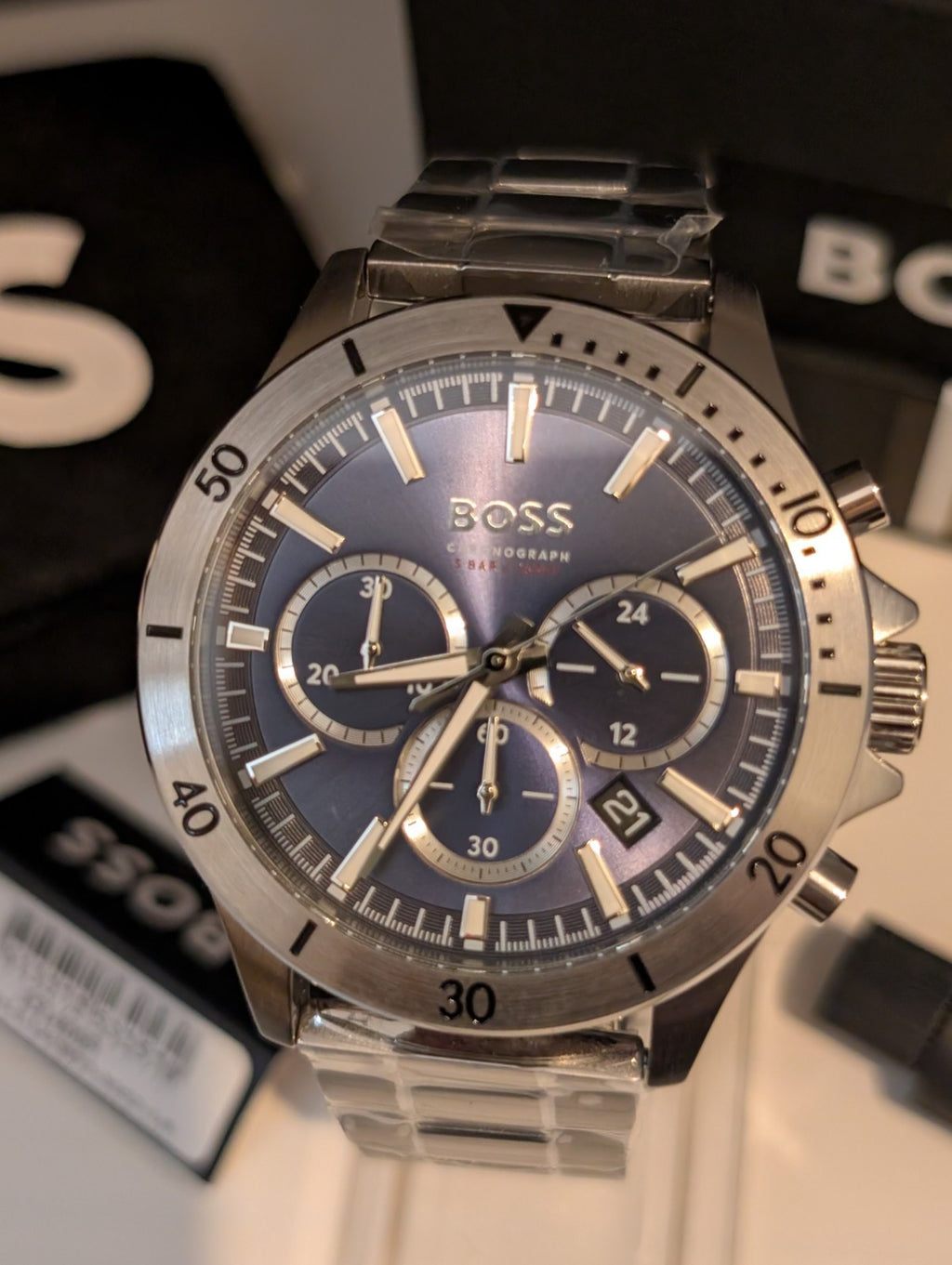 HUGO BOSS Troper 1514069 Blue Dial Silver Steel Strap Chrono Mens Watch 45mm NEW
