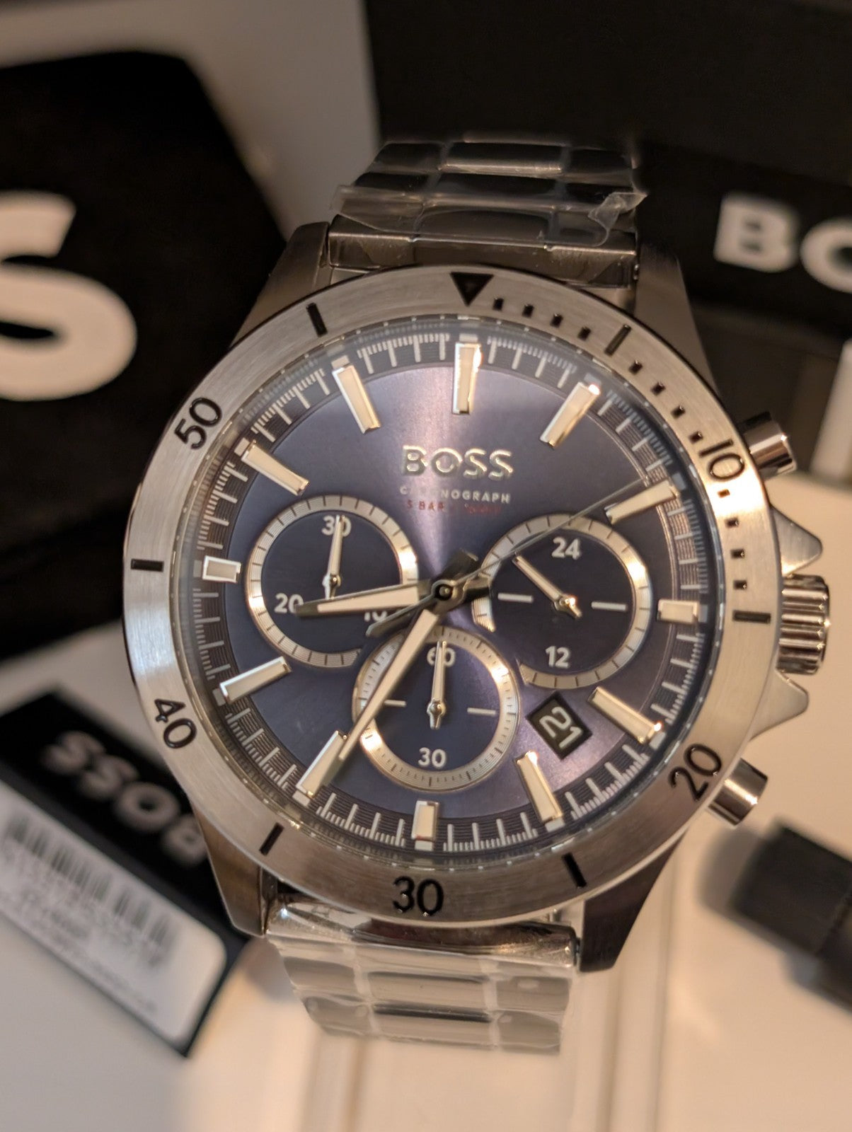 HUGO BOSS Troper 1514069 Blue Dial Silver Steel Strap Chrono Mens Watch 45mm NEW
