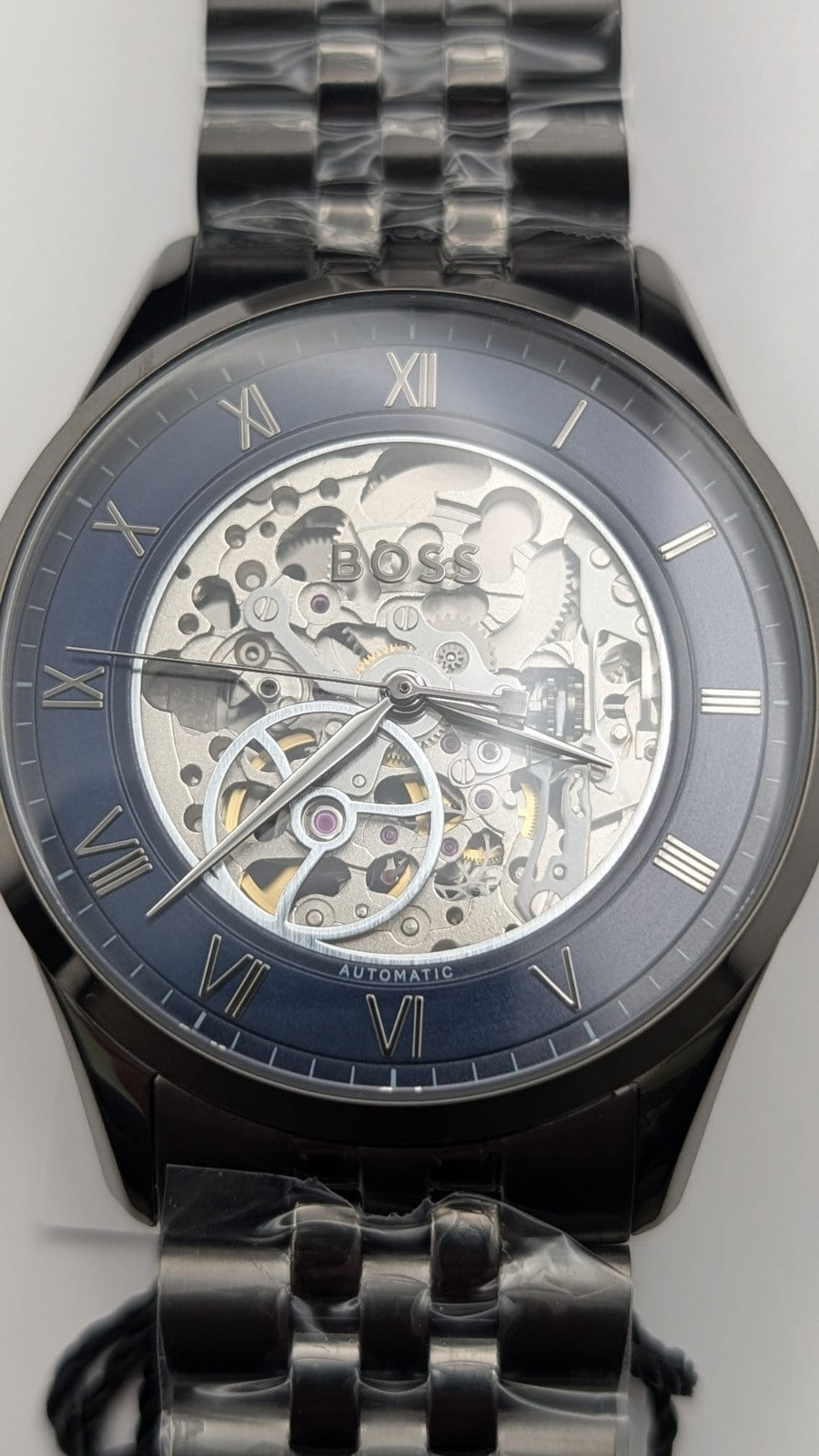 Hugo Boss Principle 1514254 Automatic Skeleton Mens Watch Gunmetal With Blue Dia